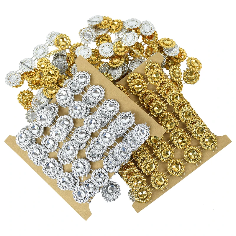 2 Yards Gold Silber Sonnenblume Strass Diamant Kette Spitze DIY Nähen Handwerk Kleidung Material Zubehör Hochzeit Dekoration