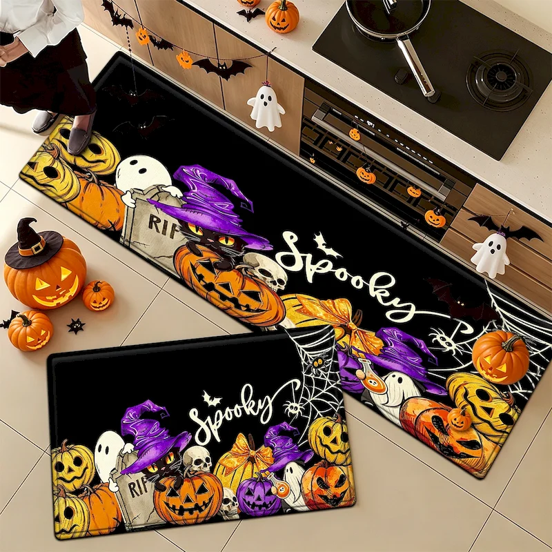 VIKAMA Halloween Witch Black Cat Pumpkin Carpet Entrance Channel Soft Floor Mat Kitchen Anti slip Carpet Home Decoration