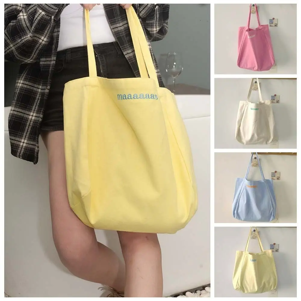 Letter Embroidery Candy Color Canvas Bag Large Capacity Korean Style Vacation Tote Bag Solid Color Office Worker Tote