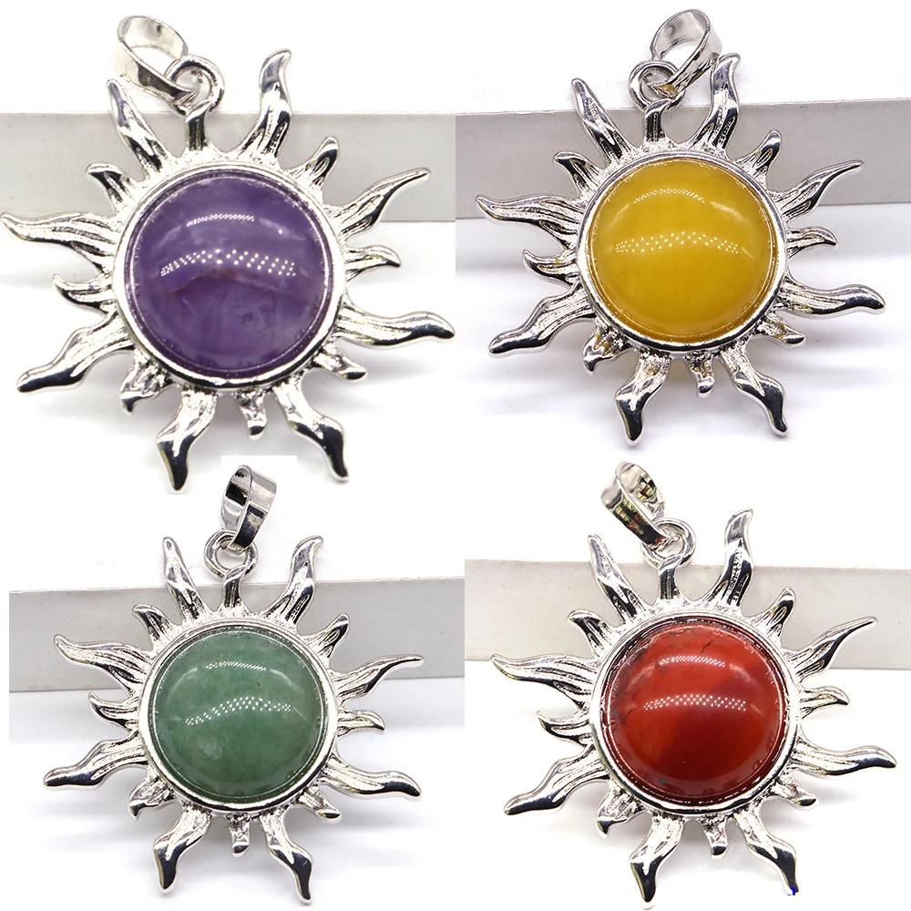 Natural Stone Sun God Pendant Quartz Opal Amethyst Turquoise Healing Crystal Bead Flower Jewelry Making Diy Necklace Accessories