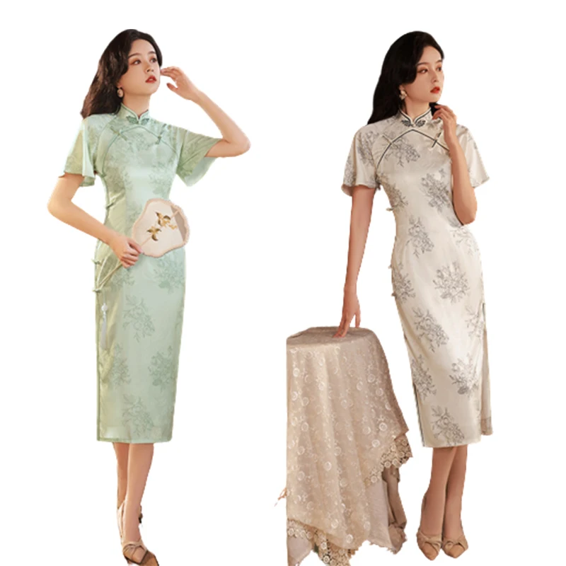 Qipao Meisjes Vintage Elegante Slanke Chinese Stijl Zachte Groene Witte Bloem Gedrukt Dagelijks Jurk Vrouwen Sexy Kostuum Retro Cheongsam