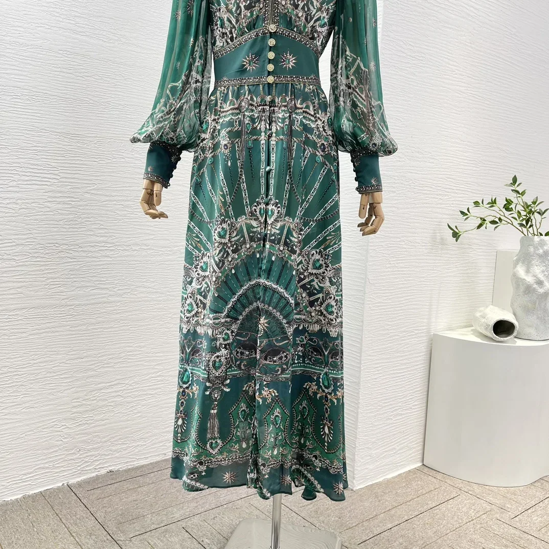 Abito longuette Oversize con scollo a V a maniche lunghe con stampa floreale verde di alta qualità più nuovo 2024 moda donna