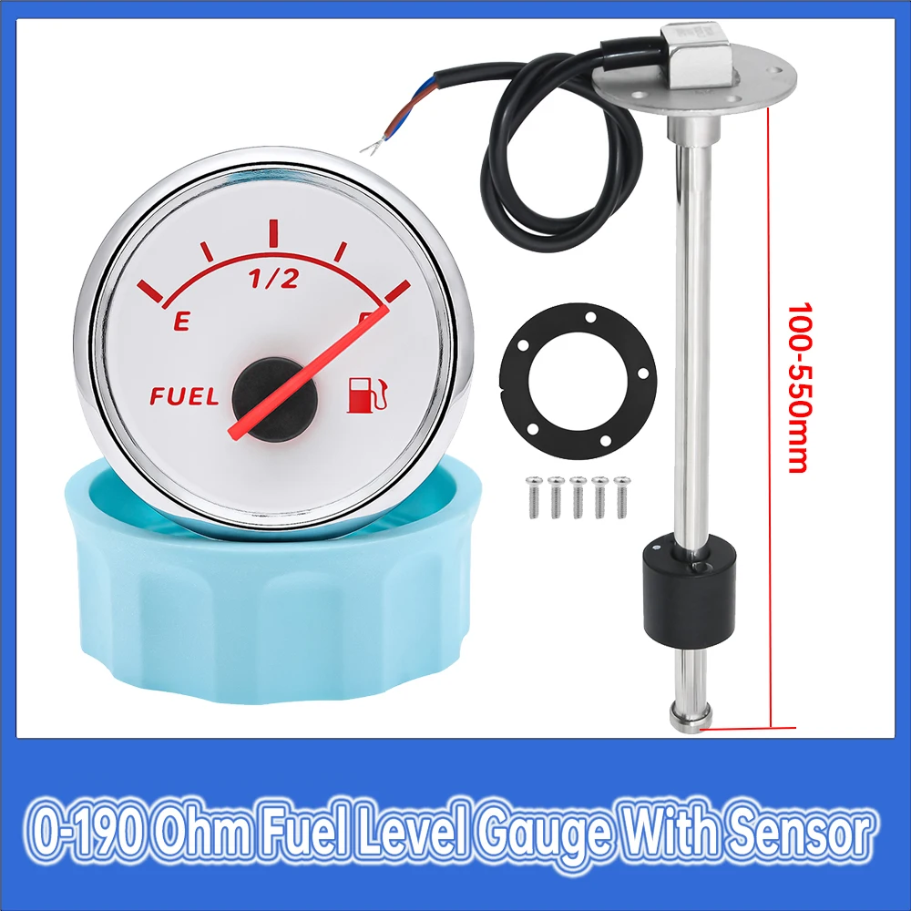 Stainless Steel Fuel Level Sensor 100-550mm+0-190 Ohm Fuel Level Gauge with Red Backlight Fit Boat Car Fuel Level Gauge Meter