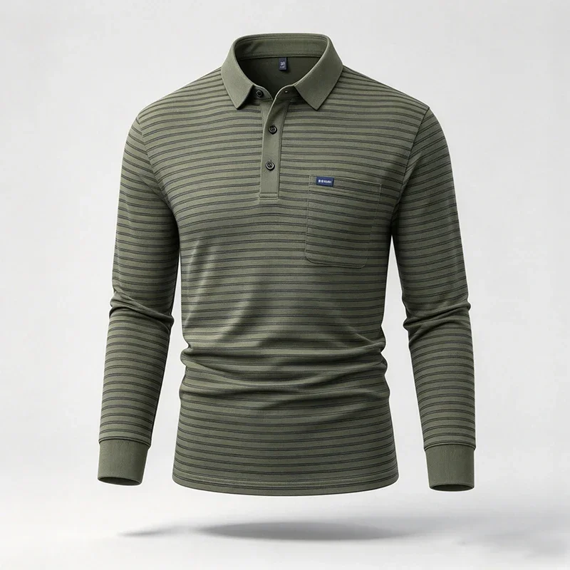 Mens Lapel Long Sleeve Striped Polo Shirt With Chest Pocket Soft Fabric Slim Fit Business Casual Autumn Top