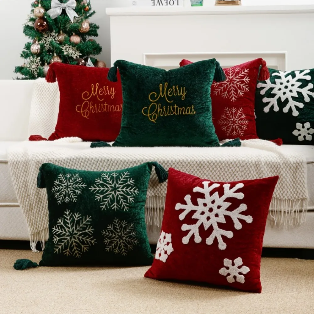

Soft Square Merry Christmas Snowflake Throw Pillow Covers Embroidery Cushion Case for Home Sofa Bed Chair Decor