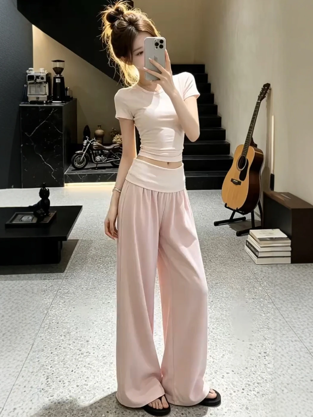 

Fashionable Women's Summer Slim Fit Short Sleeve T-Shirt And High Waist Wide Leg Pants Two Piece Set Pink Pure Desire Style