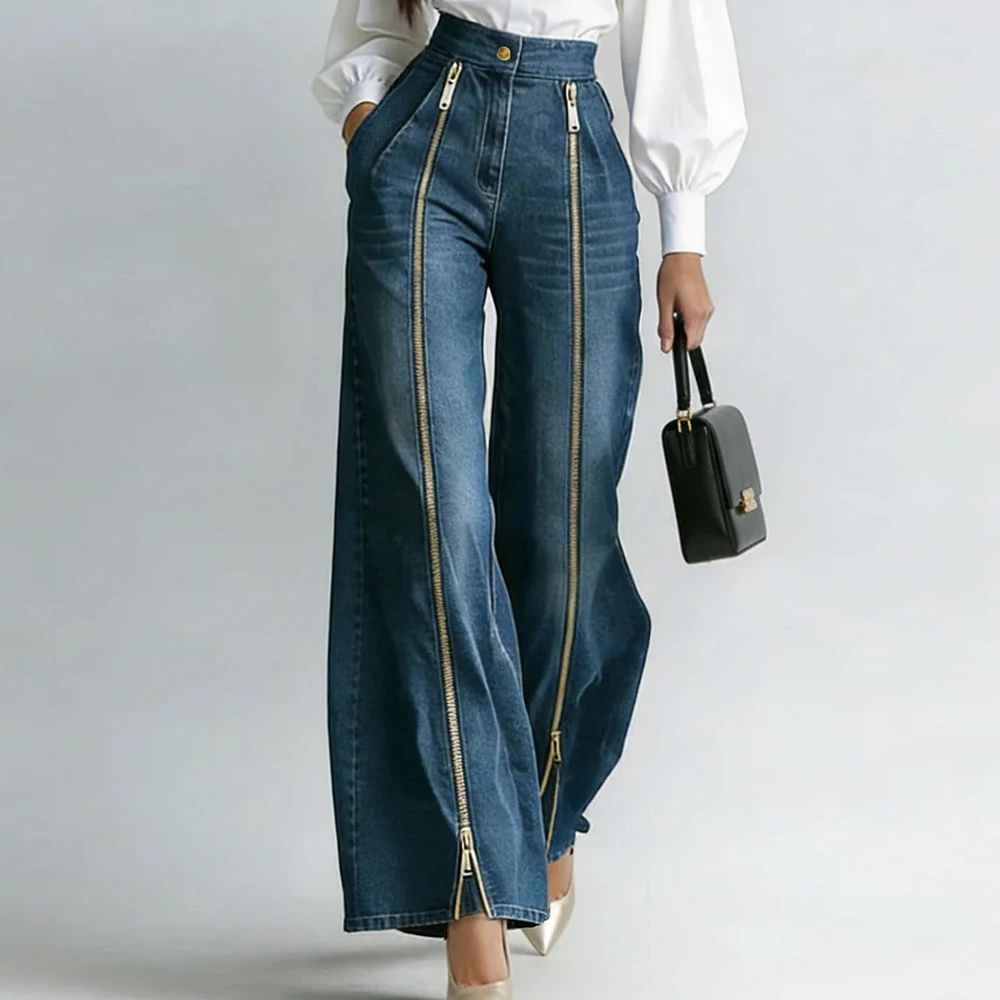 Runway Straight Jeans Women Luxury Original Wide Leg Pants Baggy Metal Double Zipper Split Denim Trousers Harajuku Stylish Chic