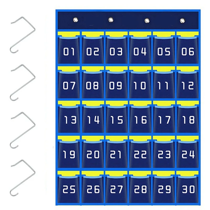 Blue Numbered Pocket Chart Phone Hanging Storage Bag For Classroom Mobile Phone Holders (30 Pockets)