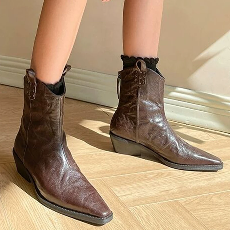 Bota de tornozelo chelsea feminina, salto baixo, dedo apontado, sapato casual, elegante, festa, moda inverno, novo, 2024