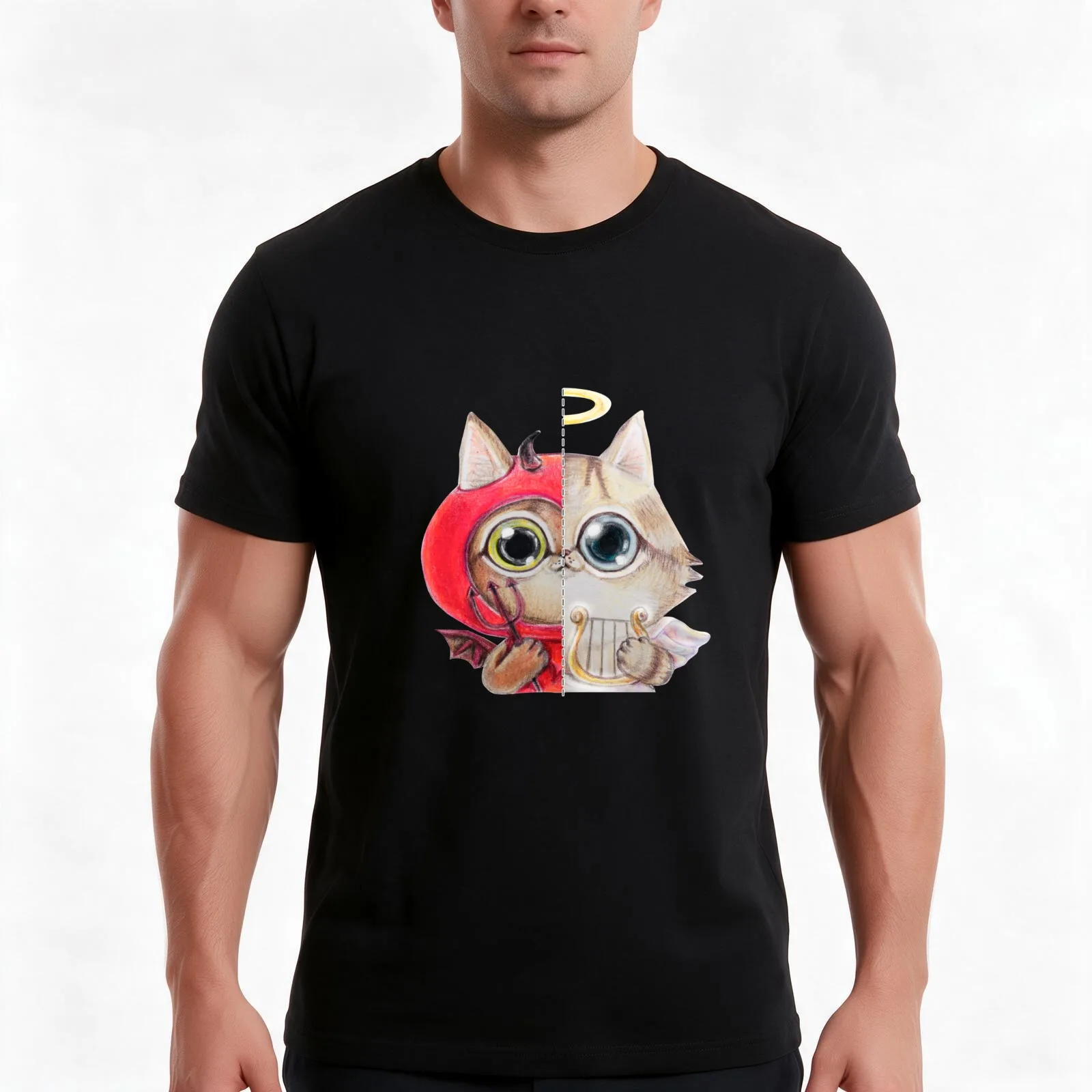 half angel/half devil T-Shirt, Summer Casual Cotton Tee, Oversized Streetwear Tops, Vintage Graphic Print, Unisex Men Women