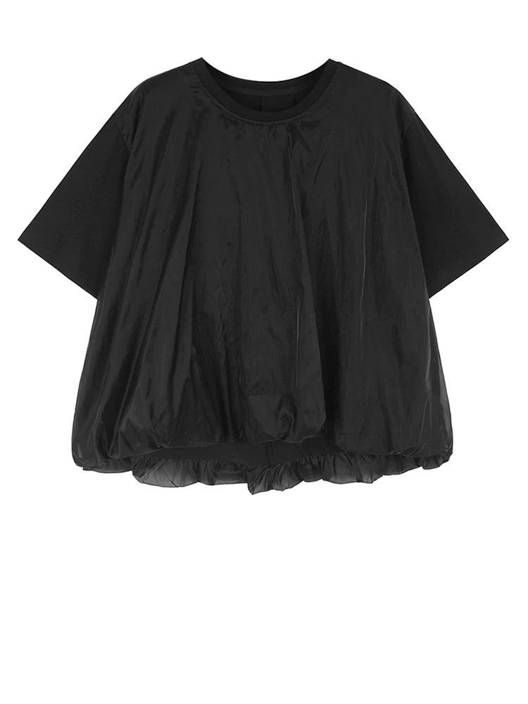 

Women Apricot Double Layers Mesh Big Size Casual T-shirt New Round Neck Short Sleeve Fashion Spring Summer