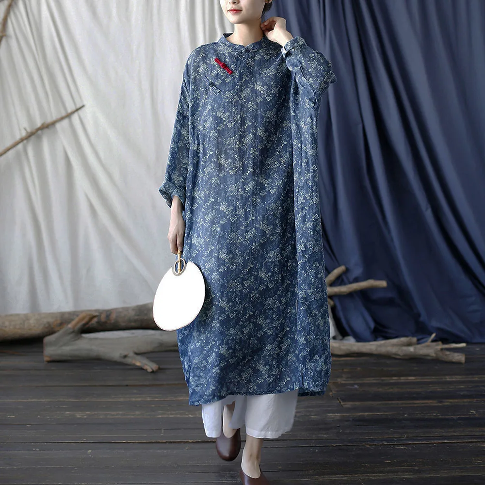 Abito da donna in ramie leggero e ampio, maniche lunghe, stampa floreale, colletto alla coreana, lungo a metà polpaccio, vintage Qipao cinese con tasche