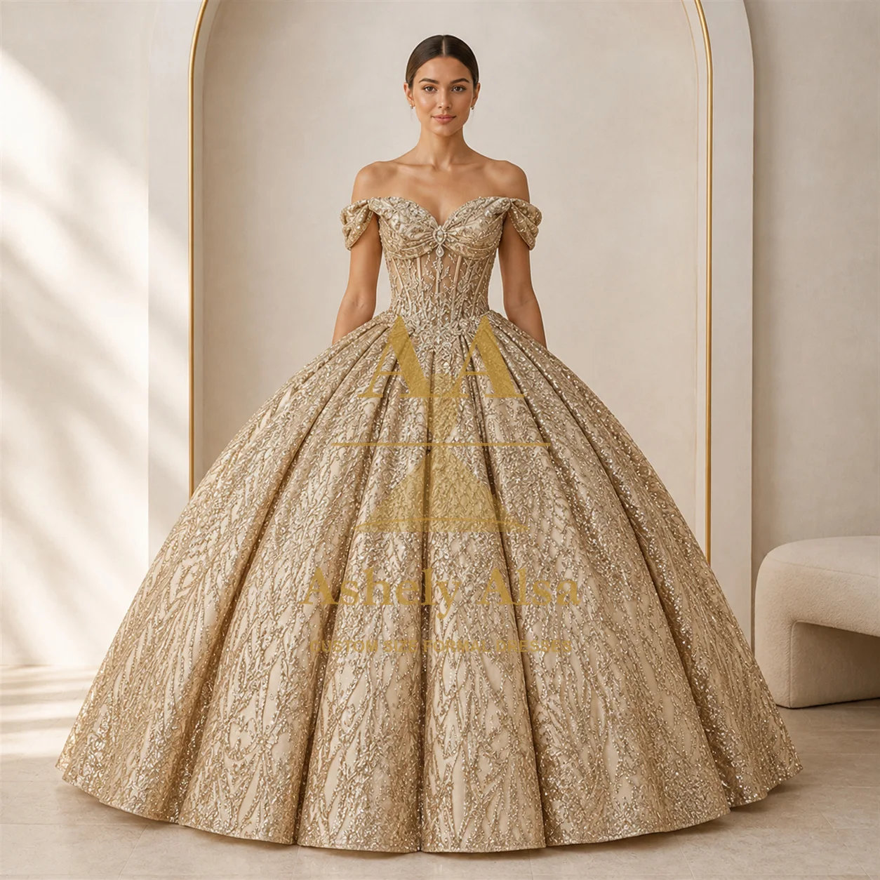 Champagne Gold Quinceanera Dress Off Shoulder Metallic Pattern Boned Corset Satin Ball Gown Sweet 15 Birthday Prom Formal Party