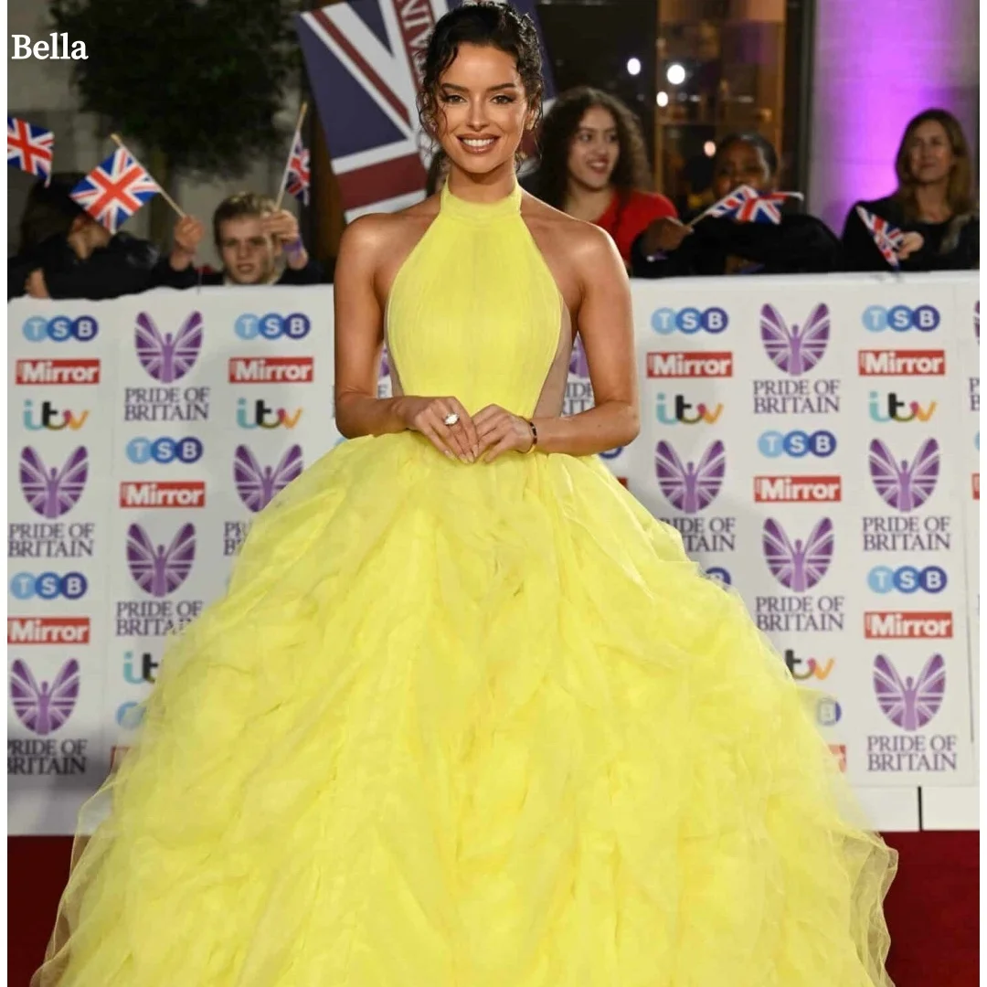 

Bella Customized Yellow Halter Neck Sleeveless robes de soirée Backless Party Dresses Multi-Layered Floor-Length Prom Dress 2025
