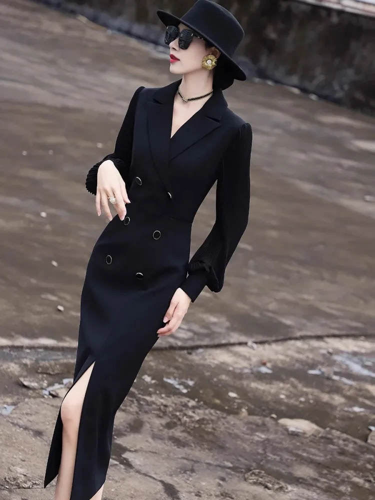 High End Long Sleeved Suit Dress, Women\'S Spring And Autumn Temperament, Commuting Slim Fit Slit Dress