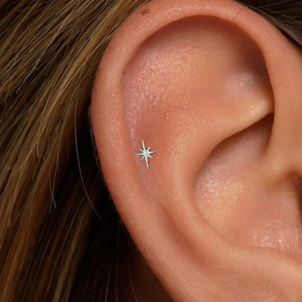 AIDE 1 Pc 925 Sterling Silver Glossy Octagonal Star For Women Multi-size Cartilage Helix Flat Back Piercing Earring Party Gifts