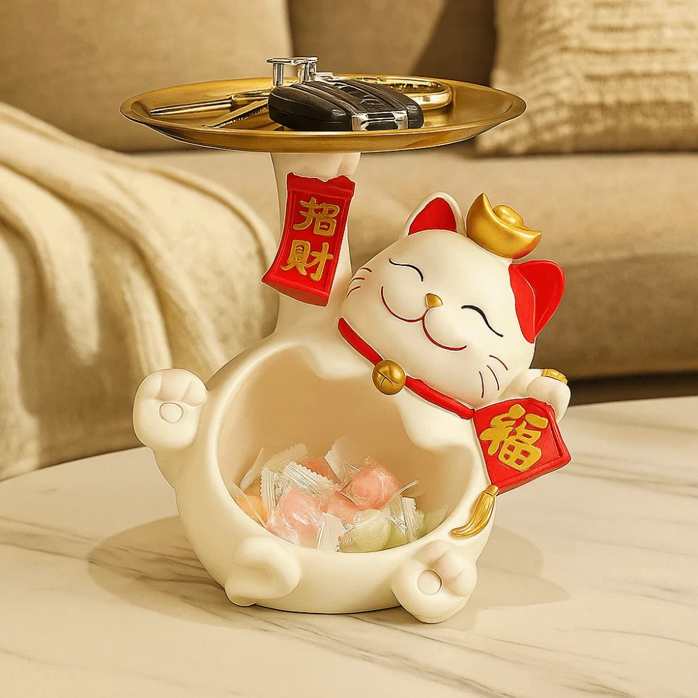 

Resin Tray Entry Key Storage Ornaments Cat Figure Statue Fortune Cat Key Storage Tray Collectible Handicraft