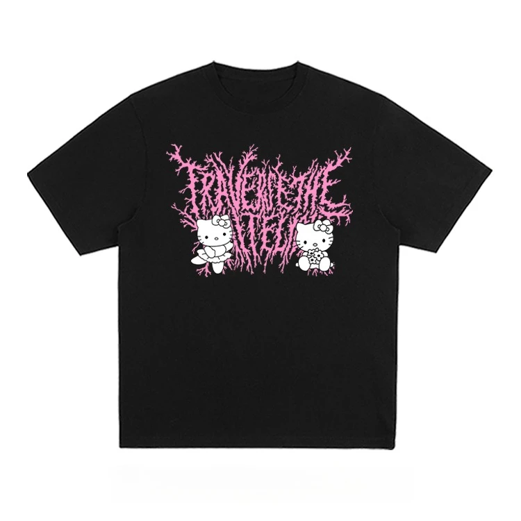 الأمريكية خمر مرحبا كيتي القوطية المطبوعة القطن قصير الأكمام تي شيرت زهرة السيدات زائد حجم فضفاض عارضة تنوعا أعلى #3