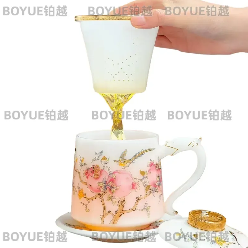 Ceramic Tea Cup with Lid and Filter Ice Jade Porcelain Office Mug Gift Box High End Drinking Vessel Separation Teaware Set