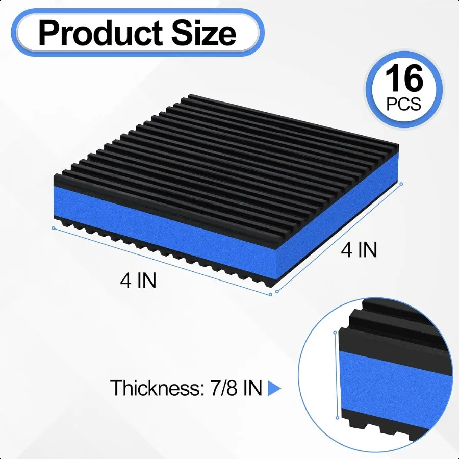 16 Pack Anti Vibration Pads 4" X 4" X 7 8" Sound Isolation Ribbed Rubber Mats with EVA Center Heavy Duty Vibration Isolation Pa