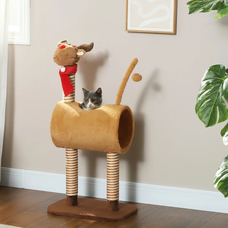 Arbre à chat 98 cm, design cerf, avec grotte douillette, balles suspendues et poteaux à gratter en sisal naturel, en peluche douce et panneaux de particules, jeu interactif pour petits chats