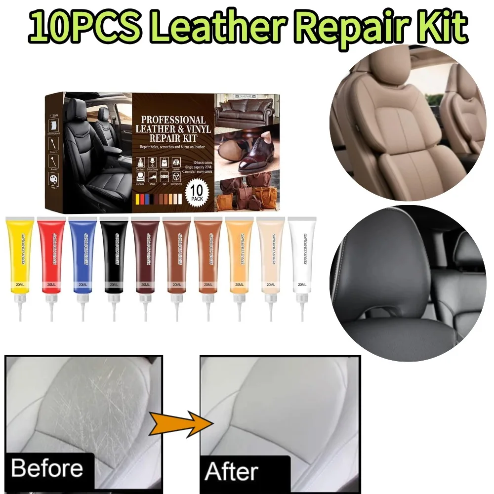 10PCS Leather Repair Kits 20ml Vinyl Color Paste with Scraper Brushes Palettes for Sofa Furniture Seats Car Interior Accessories