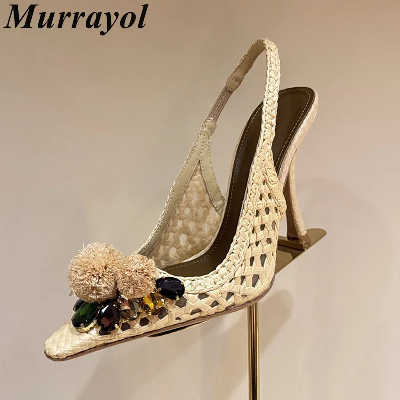 Thin High Heels Pumps Pointed Toe Bling Rhinestone Decor Sandalias Women Vine Grass Weaving Sandals Summer Party Dress Shoes