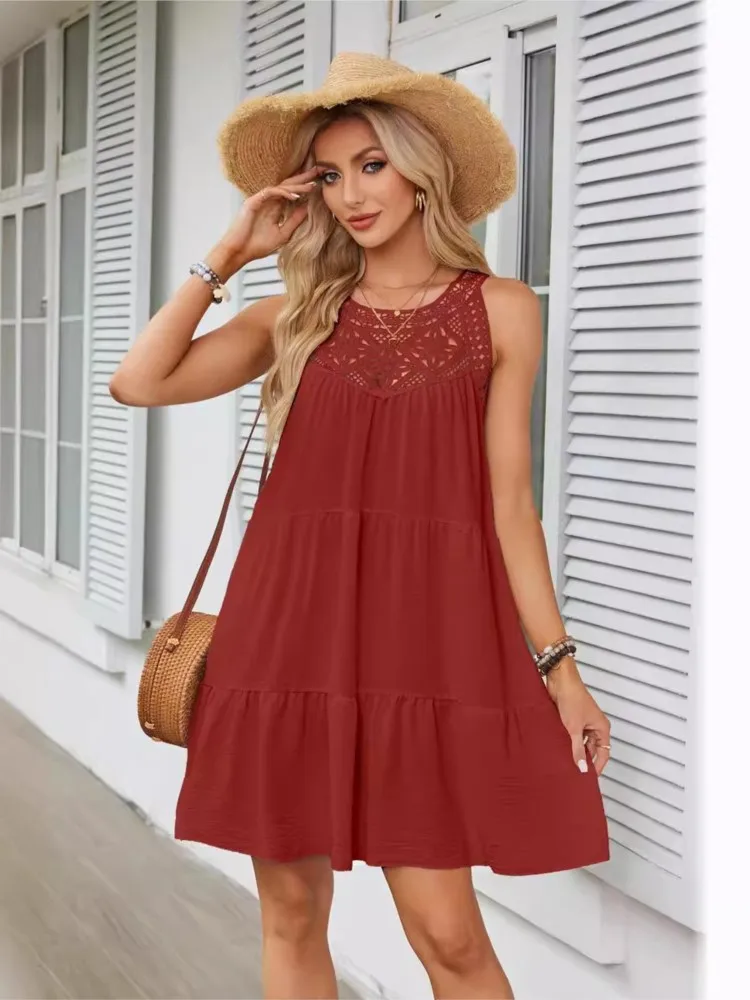 

Women Sexy Hollow Out Lace Patchwork Mini Dress 2025 New Summer White Black Halter Sleeveless Casual Loose Beach Dresses Female