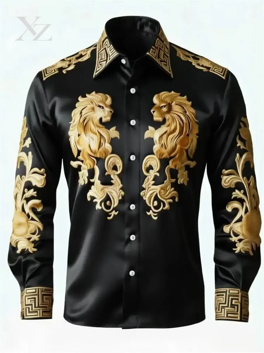 Mens Baroque Gorgeous Golden Long Sleeve Shirt Lion 3d Print Hawaiian Shirt Men Women Fashion Satin Blouse Men Clothing Angel
