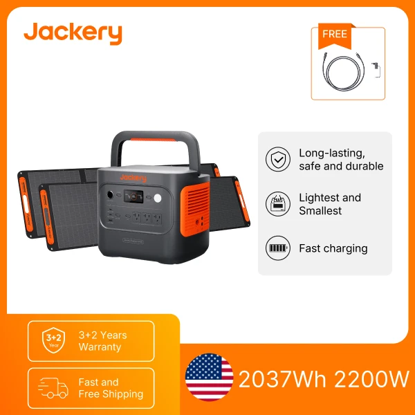 Jackery E2000AC Portable Power Station 2037Wh LiFePO4 Battery, 2200W Solar Generator with 2x 200W Solar Panels and 5m Extension Cable for RV Camping Emergency Home Backup