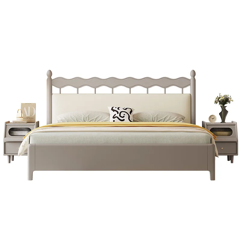 

Master bedroom light luxury high-end wooden bed, Morandi gray, household solid wood