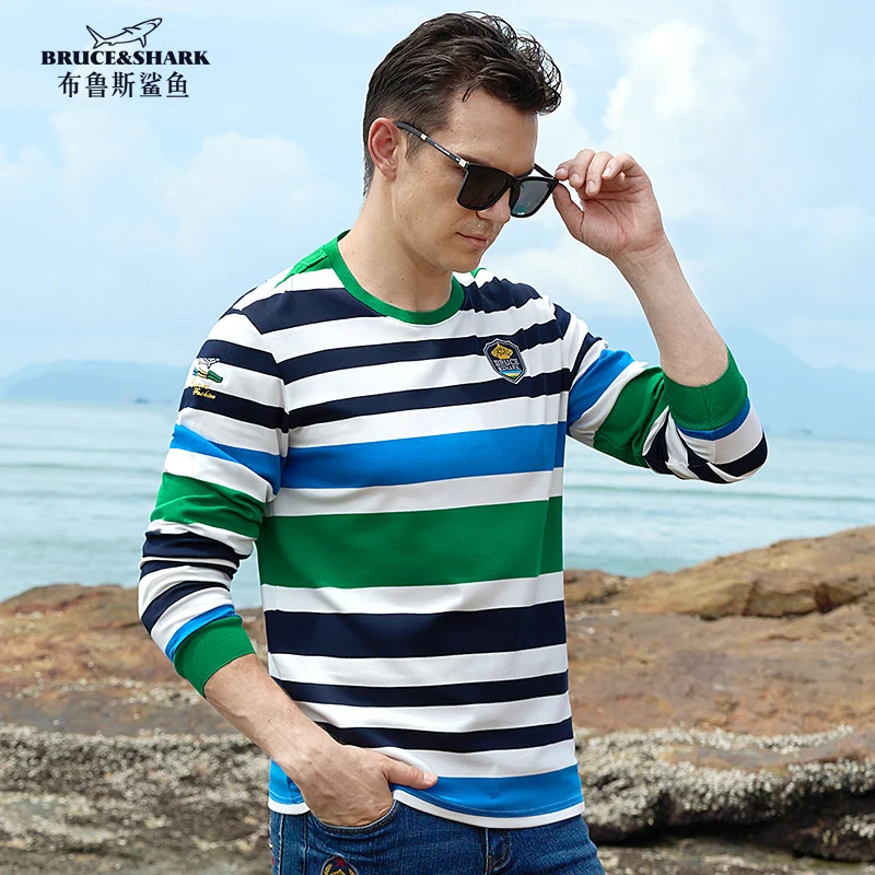 New Men's T Shirt Full Sleeve Striped Round Bruce&Shark Men Autumn Clothes Fashion Casual Loose Style Cotton Big Size Men Tees