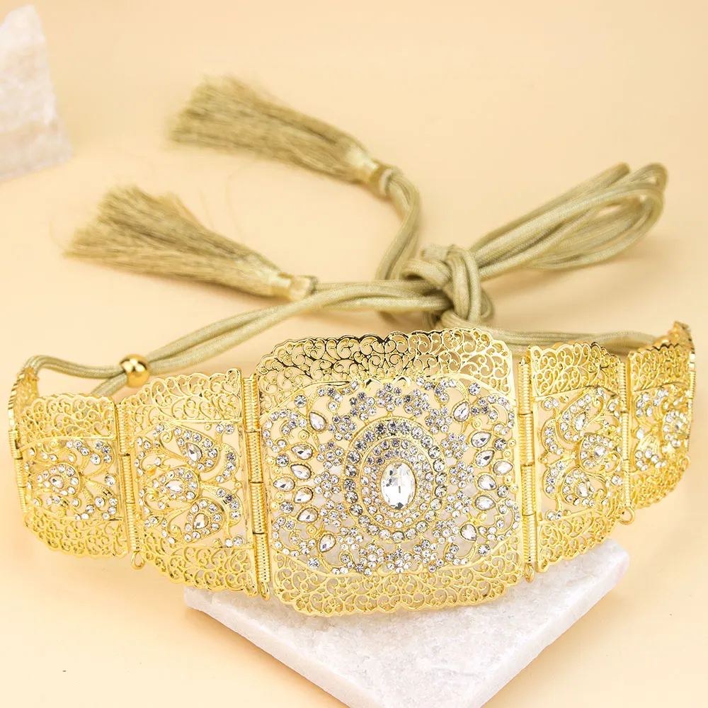 Crystal Morocco Caftan Belt For Women Ethnic Arabic Robe Rope Waist Belt Hollow Arabesque Daily Party Jewelry
