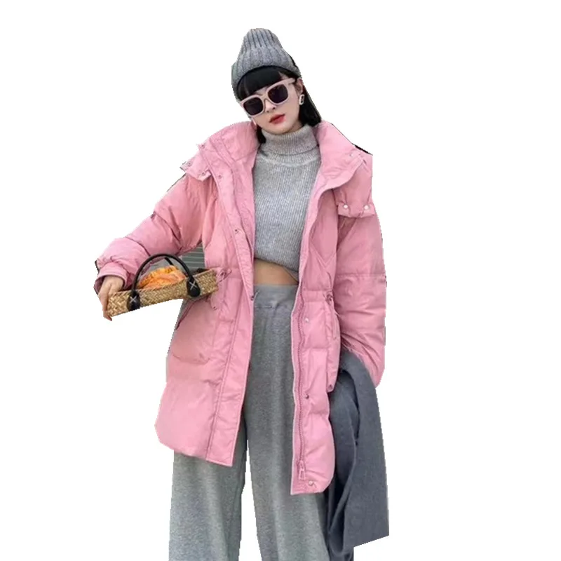 2025 Winter New Korean Style Women Down Jacket Long Thick Warm Waist Hooded Loose Petite Coat