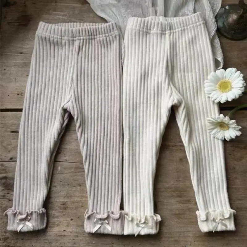 2024 Autumn New Baby Girl Bow Ribbed Leggings Solid Tights Infant Versatile Cotton Casual Pants Toddler Girl Slim Fit Trousers