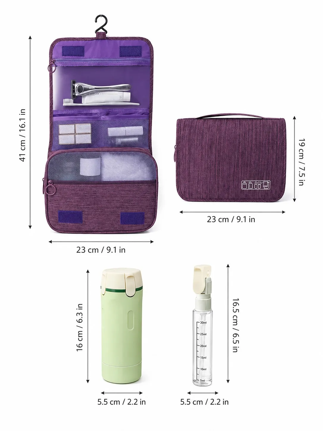 Travel Toiletry Bag Hanging Foldable Organizer with 4-in-1 Dispenser Bottle, Portable Leakproof Refillable Cosmetic Container, L