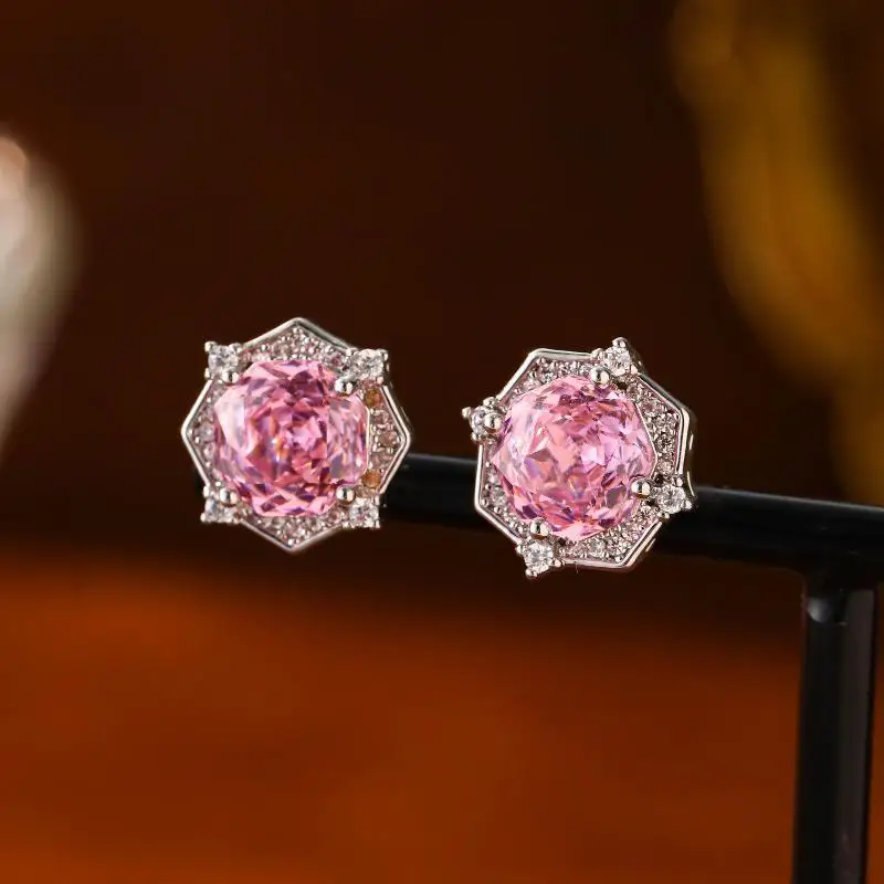 2026 New Fashion Crystal Flower Earrings Pink White Purple Stud Earrings Geometric Silver Color Jewelry For Women Girl Gift
