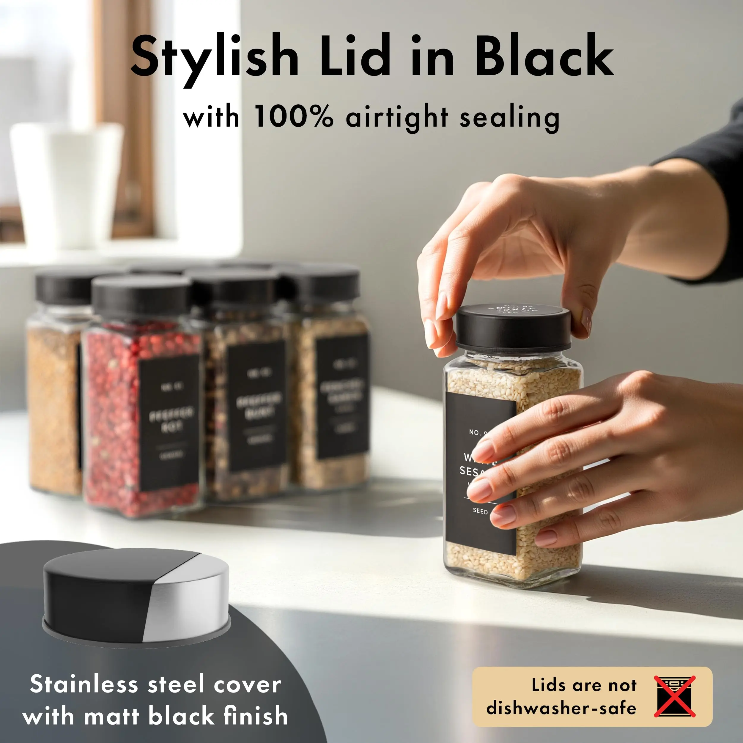 برطمانات توابل زجاجية سعة 24 أونصة، أغطية من الفولاذ المقاوم للصدأ مع ملصقات وقمع