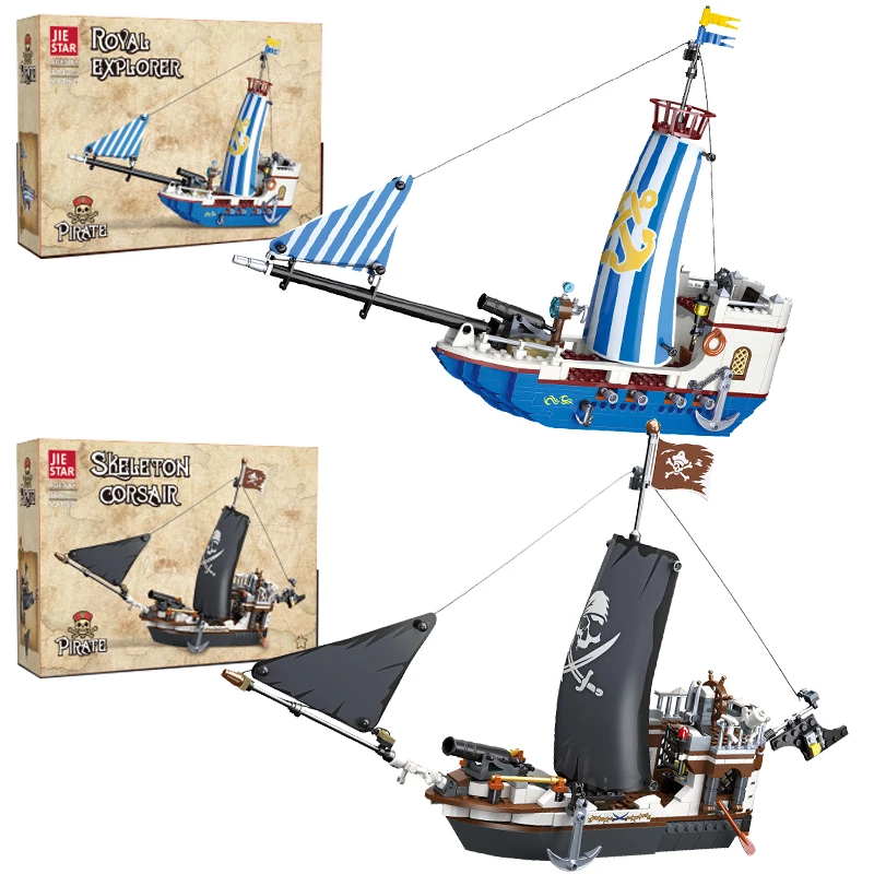 2 Styles Creative Royal Explorer Skeleton Galley Ship Building Blocks DIY Sailing Boat Model Bricks Toy Gift For Family Friends