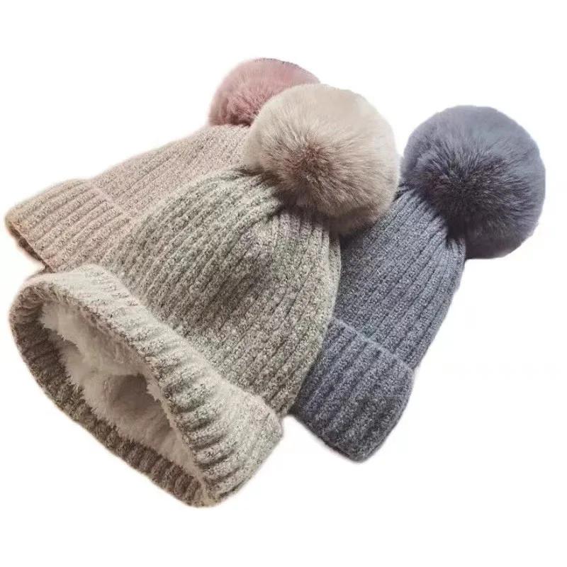 

New adult women's pompom knitted hat Wool beanie cap soft breathable striped skullcap Curled warm hats for winter