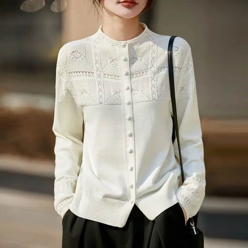 High-end Hollow Crocheted Half-high-neck Knitted Cardigan Women's Coat Sweater Long Sleeve Casual All-match Sweaters Female Top