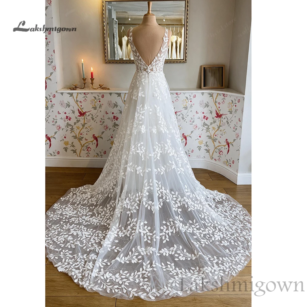 Lakshmigown Flügelärmel Blattspitze A-Linie Hochzeitskleid 2027 Tiefer V-Rücken Tüll-Brautkleid mit Kathedralenschleppe Maßanfertigung – Detail 9