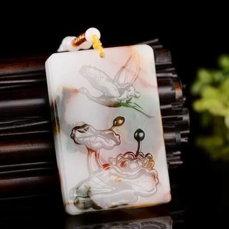 Natural Colored Jade Lotus Flower Crane Jade Brand  Pendant Fashion Jewelry Chinese Style (pattern Rope Random)