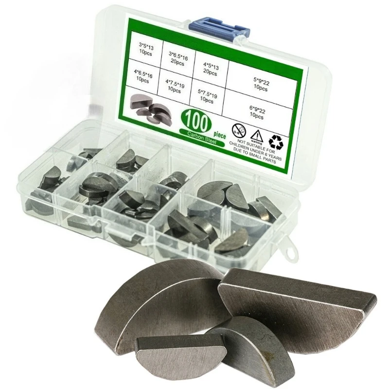 100pcs Carbon Steel Key Assortment Set Metric Half Moon Shaft Drive Fasteners Mechanical Industry Woodruff Keys Half Moon Set