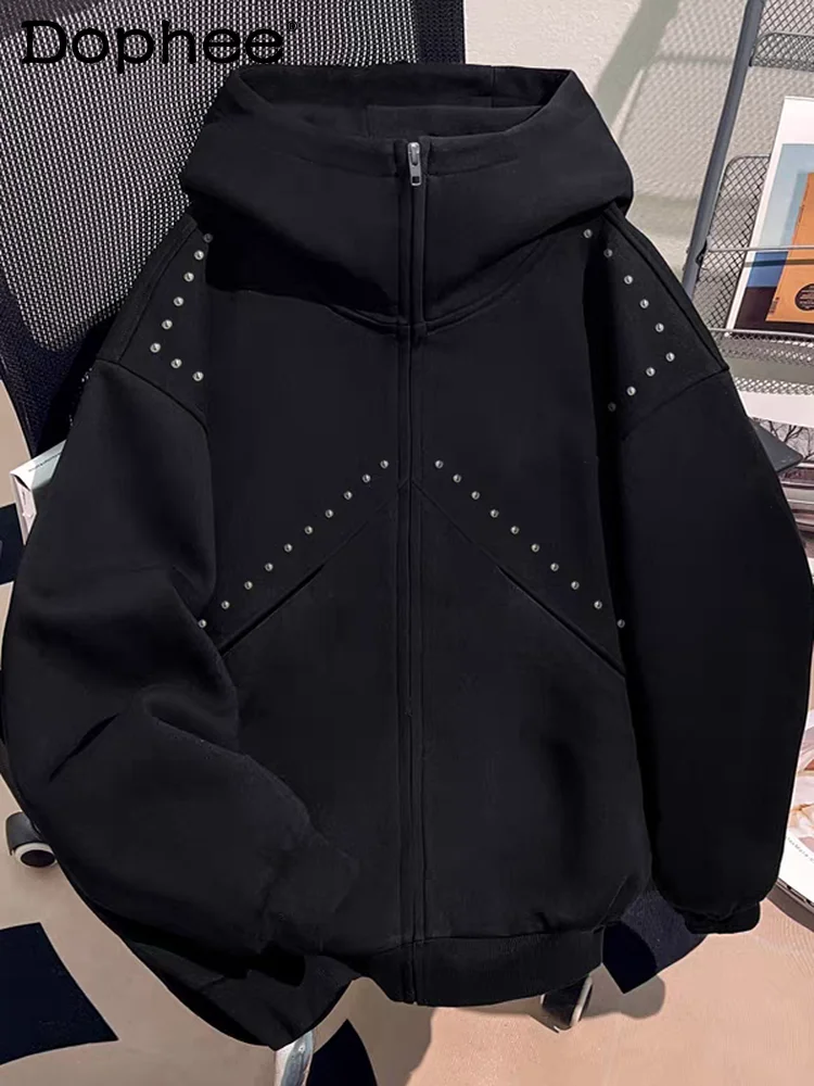 American Retro High Street Hooded Sweatshirt with Rivet Design, Stylish Men's High-end Autumn Trendy Cool Jacket