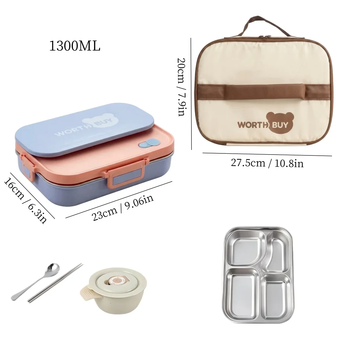 Magnetronbestendige lunchbox van 304 roestvrij staal, met vakken, lekvrije voedselcontainers, soepkom en bestek, geschikt voor kinderen en volwassenen.