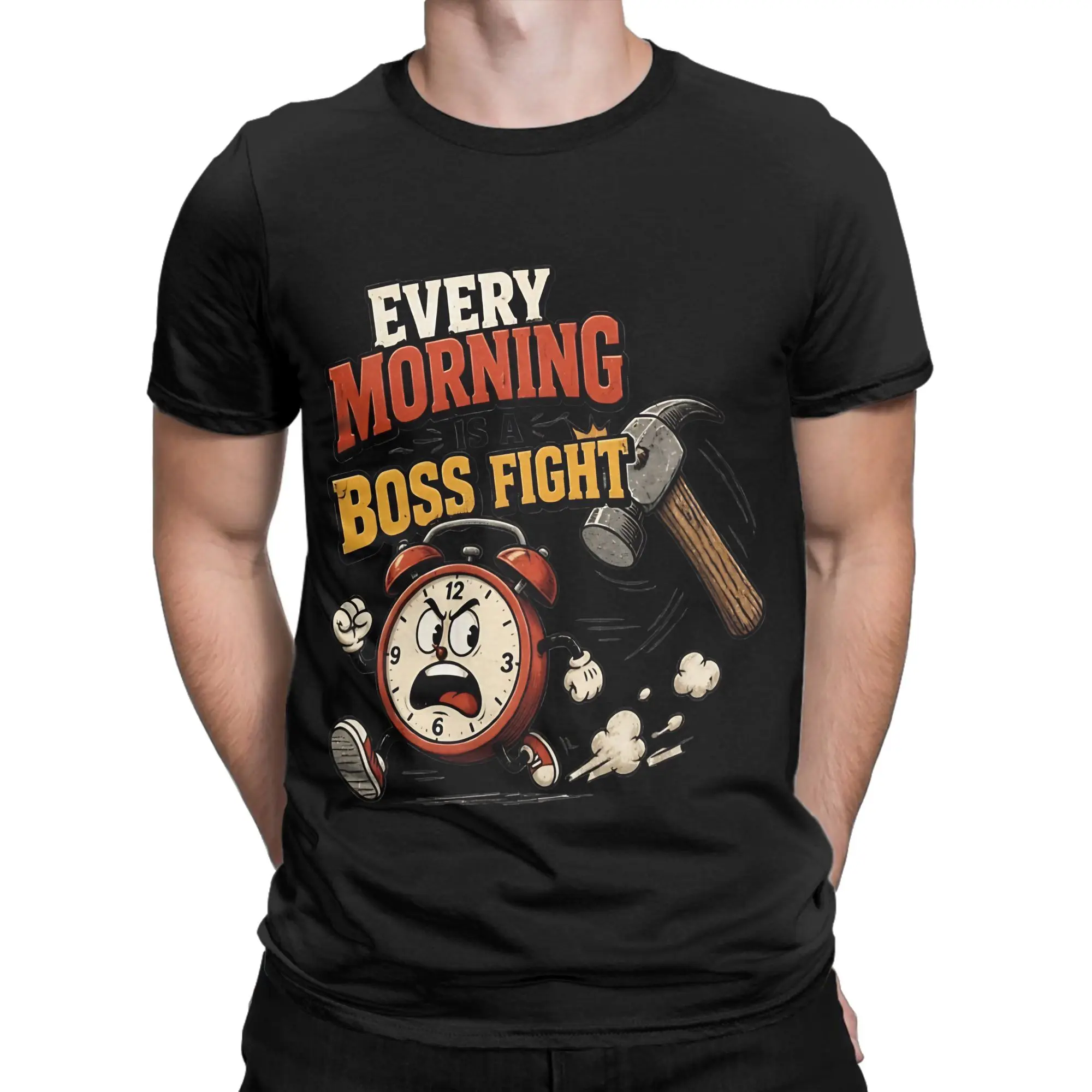 Every Morning Is A Fight Retro Gamer Alarm Clock Novelty 100% Cotton T-Shirt Cuphead Tees Tops For Men