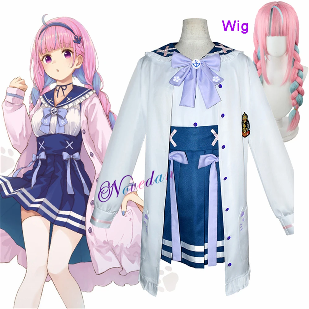 YouTuber VTuber Hololive Minato Aqua Cosplay Costume Wig Anime Loli Lolita Sailor JK School Uniform Party Role Play Outfit Suit