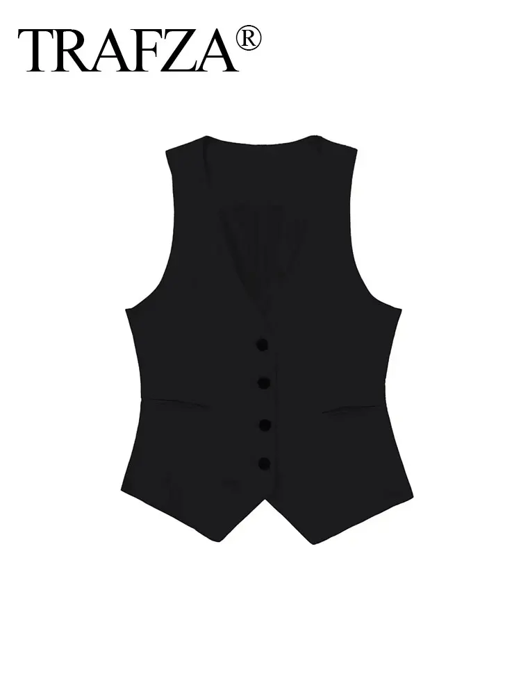 TRAFZA 2024 Elegant Commuting Solid Lino Vest Top For Women Summer Casual Single Breasted Vintage Sleeveless V Neck Linen Tops