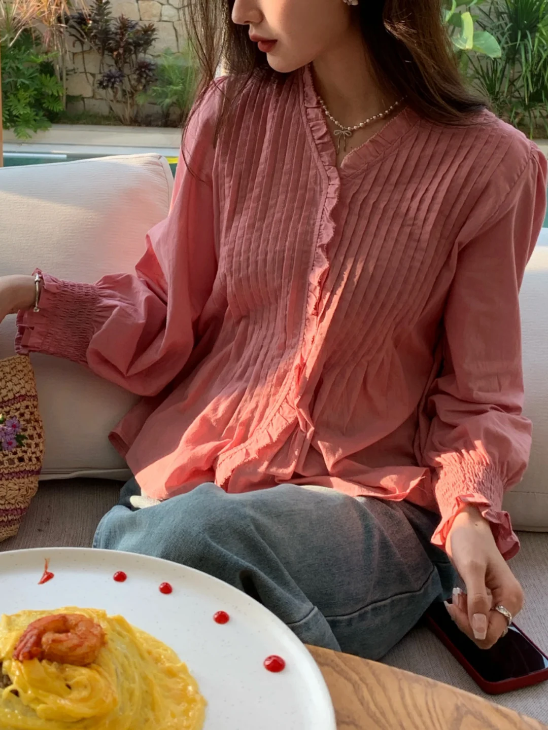 

Spring Summer Cotton Blend Loose Fit irt with Wood ain V Ne French Sle Breathable And Lightweight Women Top